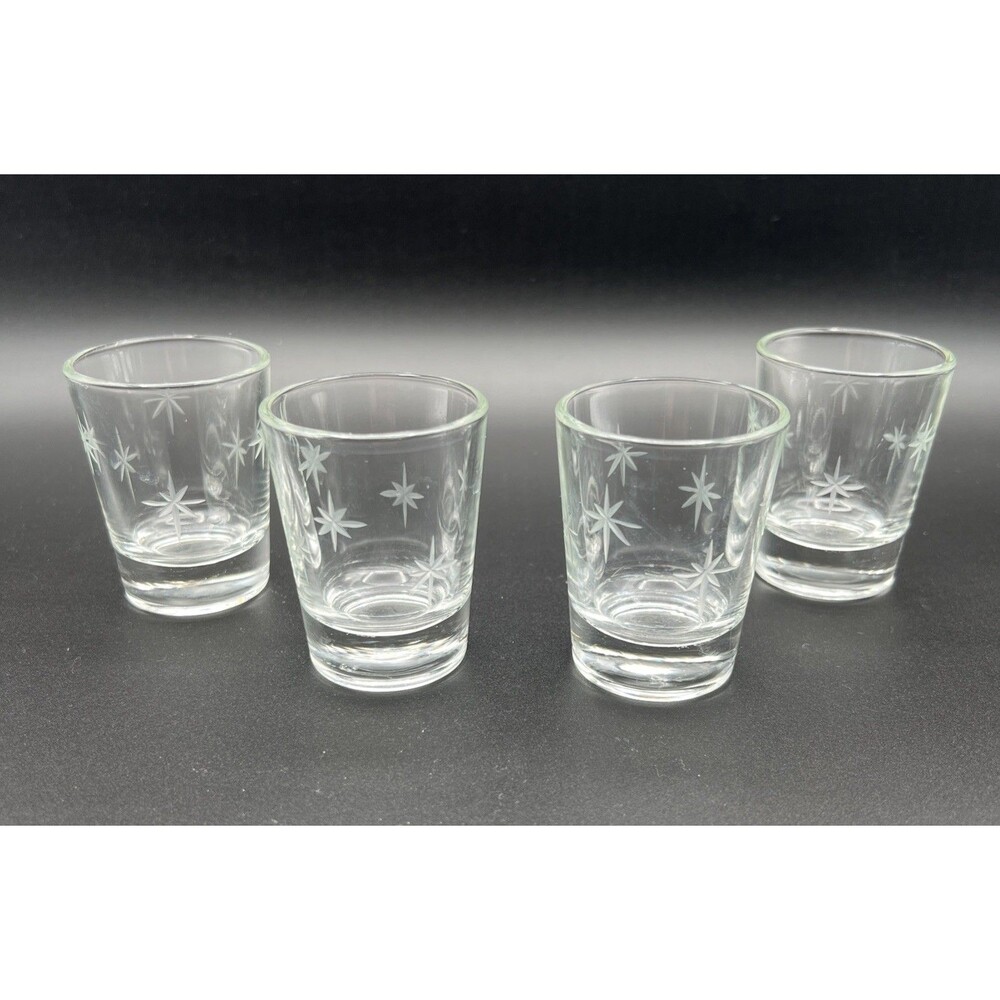 Set of 4 Atomic Starburst Etched Clear Shot Glasses Liquor Barware MCM Vintage